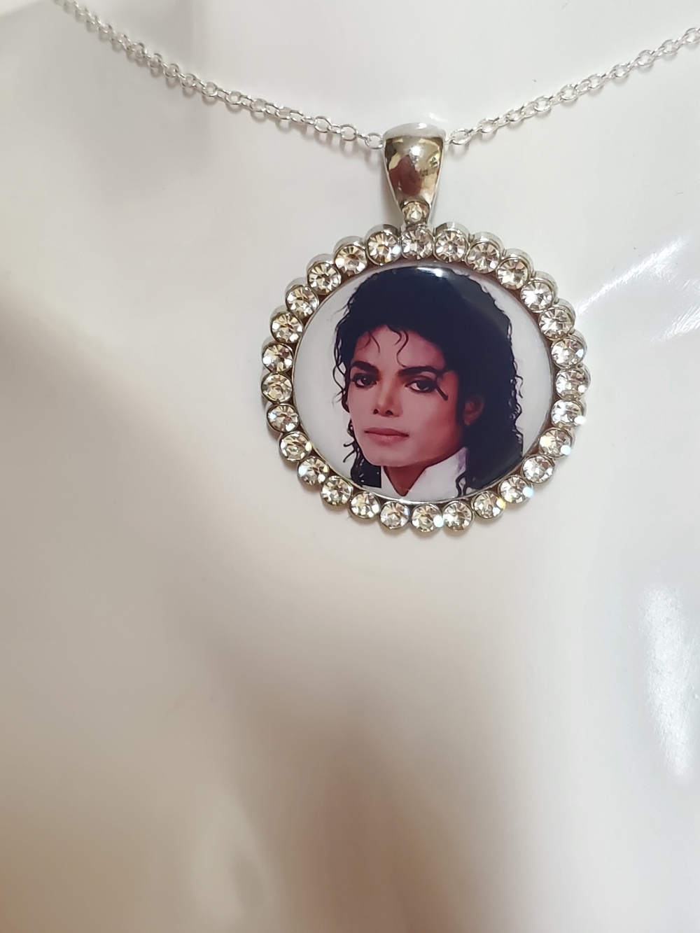 Michael Jackson Rhinestones Pendant 925 Silver Stamped Necklace W/ Lobster Clasp